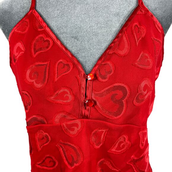 Y2K Babydoll Camisole Tank Top Medium Red Textured Hearts Mesh Overlay Satin Vtg - Picture 4 of 15